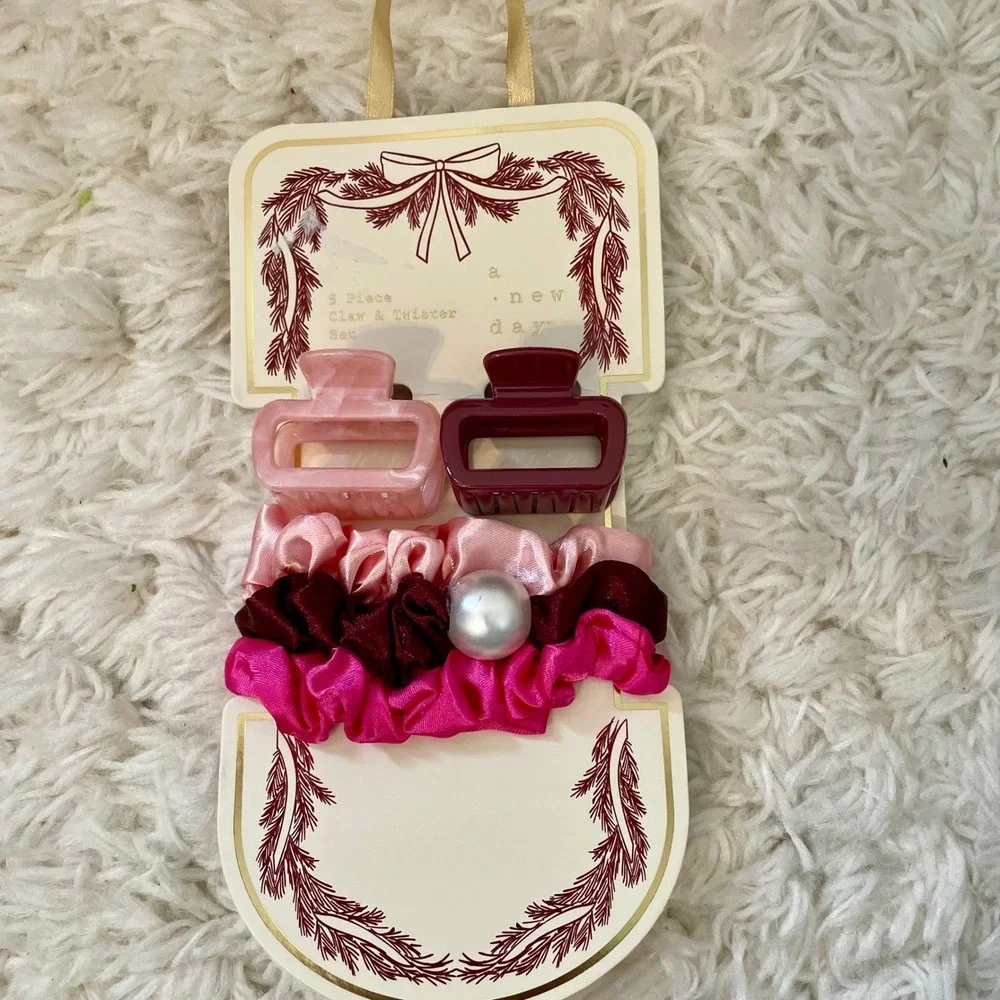 A New Day 5 Piece Hair Claw Clip and Scrunchie Set Pink Burgundy Pearl‎ Accent